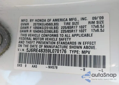 2009 Honda Cr-V Lx from USA, damaged, VIN 5J6RE48359L070176